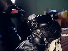 Rubber boy sucking biker master cock